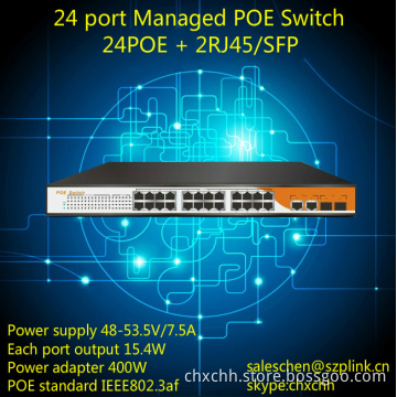 24port managed poe switch with 400w internal power 2sfp/rj45 port
